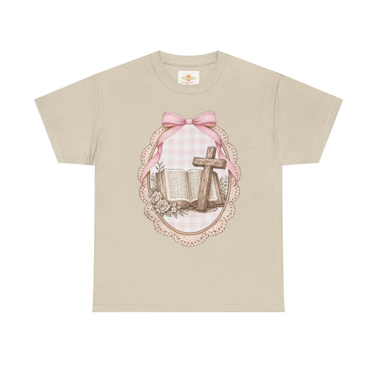 Christian Cross & Bible Tee — Pink Bow Vintage Easter Faith Shirt