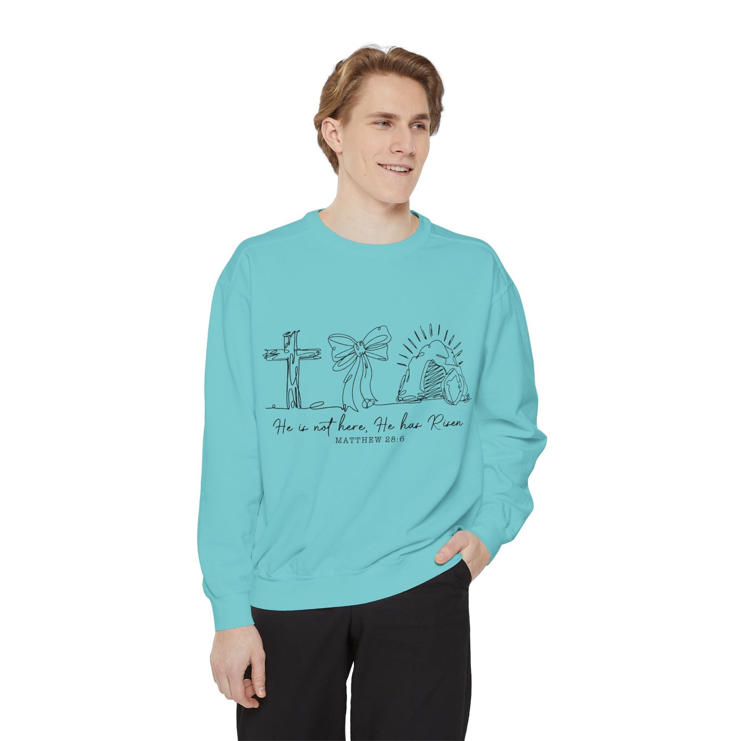 He Is Risen Christian Sweatshirt — Cross, Bow & Empty Tomb Easter Pullover