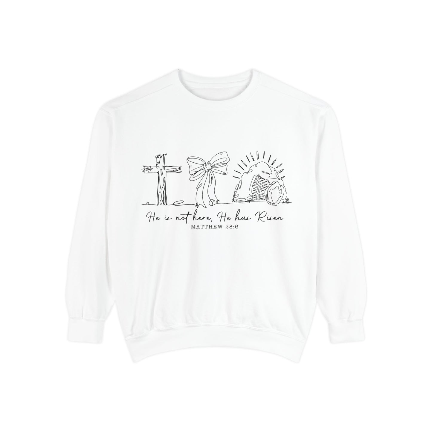 He Is Risen Christian Sweatshirt — Cross, Bow & Empty Tomb Easter Pullover
