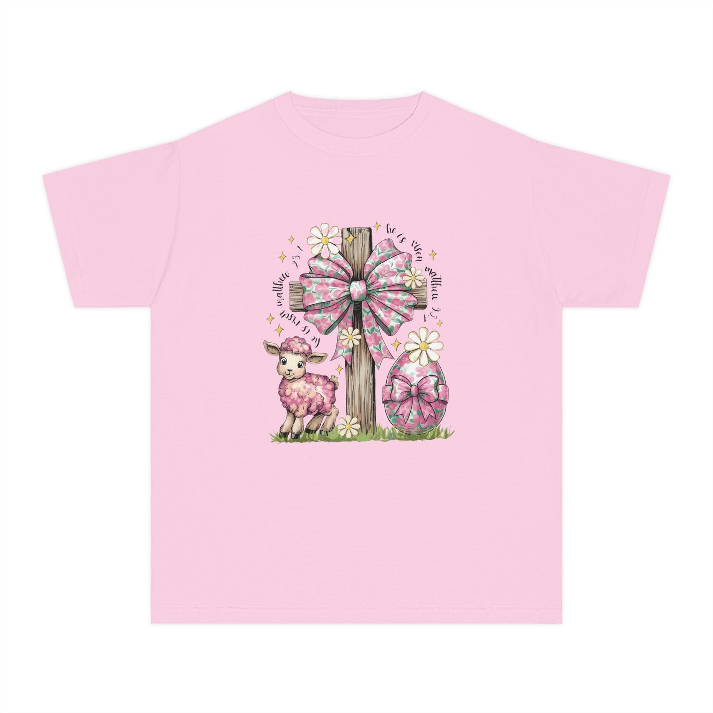 Kids Easter Lamb Tee — Pink Bow Cross & Floral Spring Design
