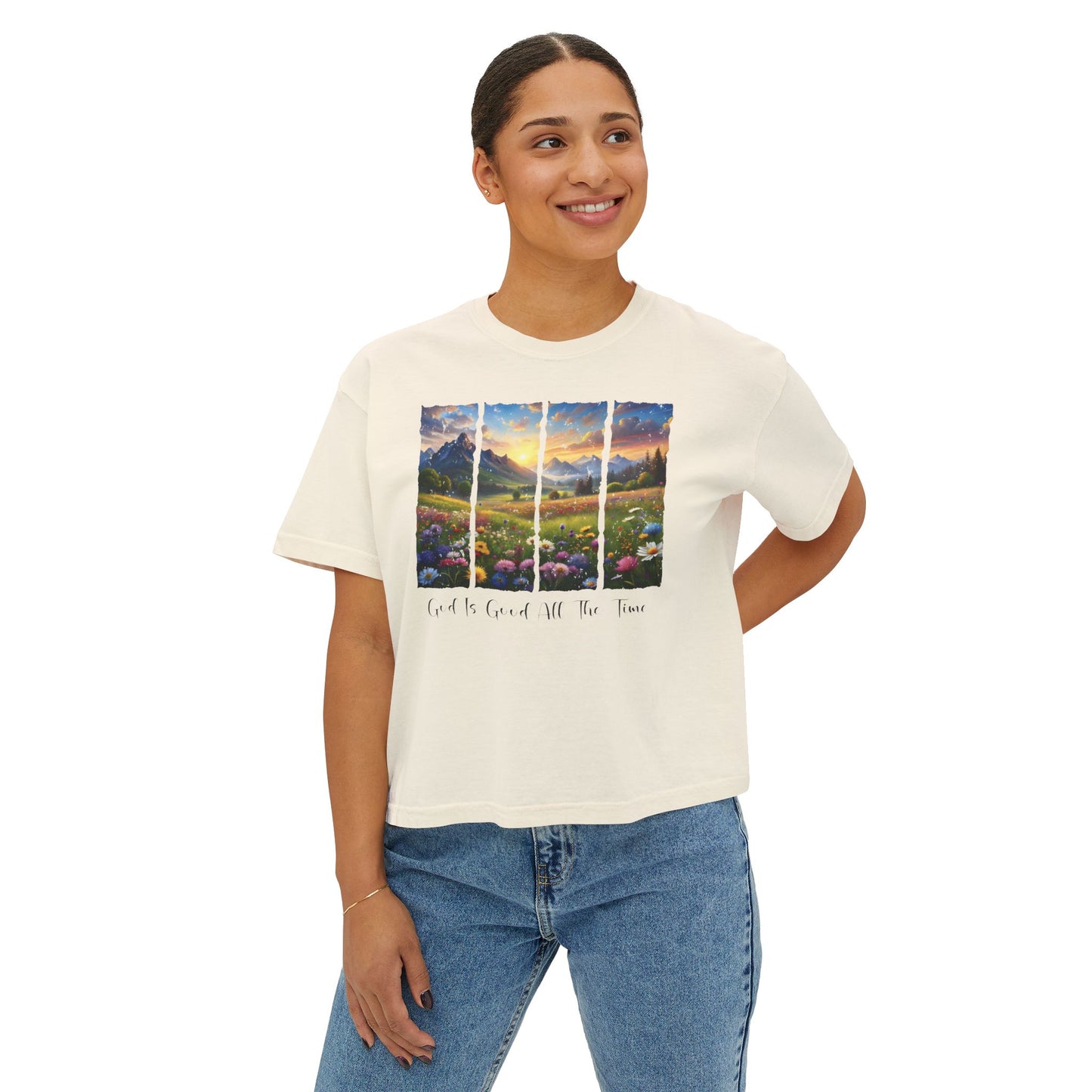 Women's Boxy Tee - 'God Is Good All The Time' Scenic Sunrise Floral Graphic