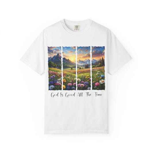 God Is Good All The Time T-Shirt — Scenic Mountain Sunrise Faith Tee