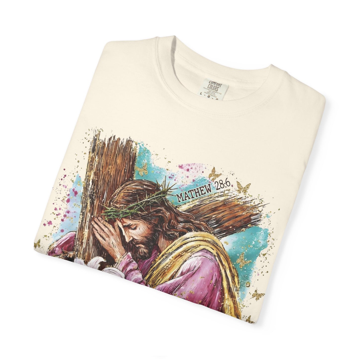 He Is Risen Easter T-Shirt — Christian Resurrection Tee with Jesus, Lilies & Bunny