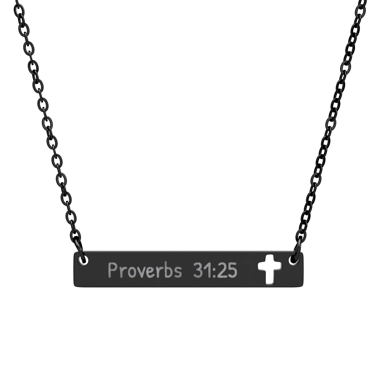 Cutout Cross Bar Necklace — Engraved “Proverbs 31:25” Christian Pendant