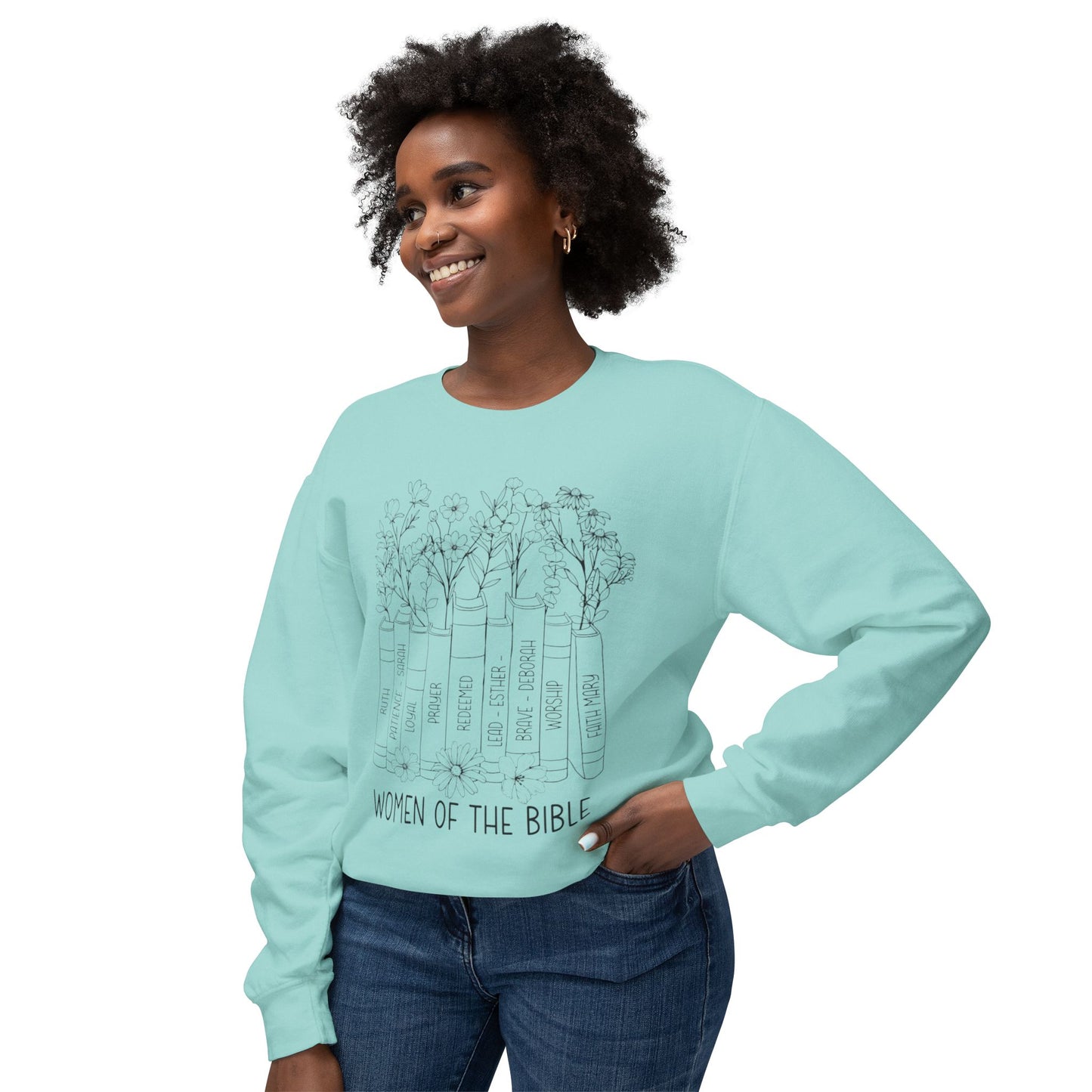 Women of the Bible Crewneck Sweatshirt — Floral Bible Spine Design