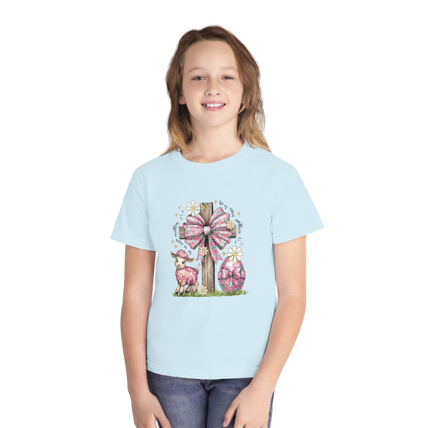Kids Easter Lamb Tee — Pink Bow Cross & Floral Spring Design