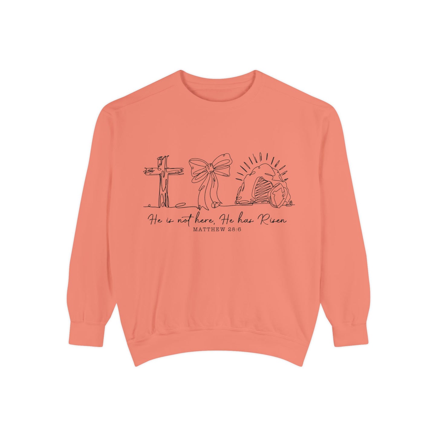 He Is Risen Christian Sweatshirt — Cross, Bow & Empty Tomb Easter Pullover
