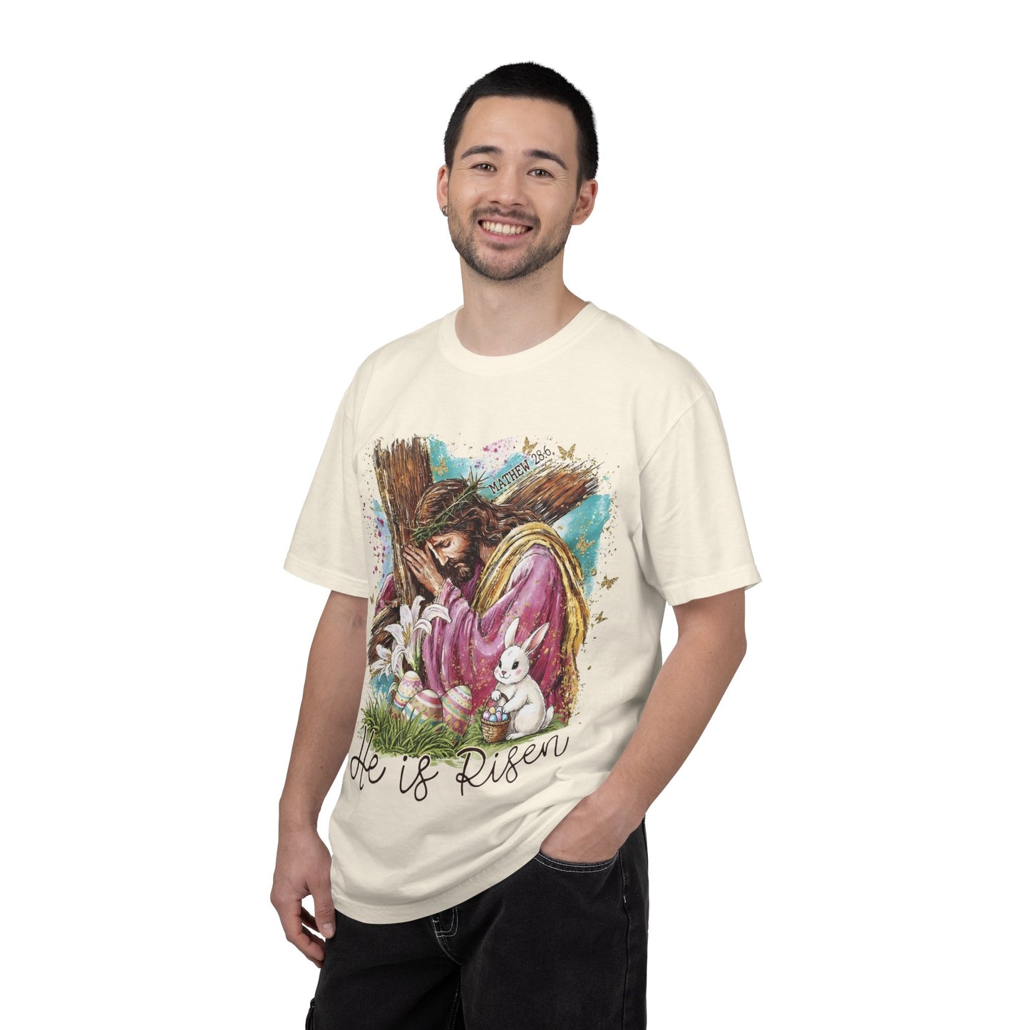 He Is Risen Easter T-Shirt — Christian Resurrection Tee with Jesus, Lilies & Bunny