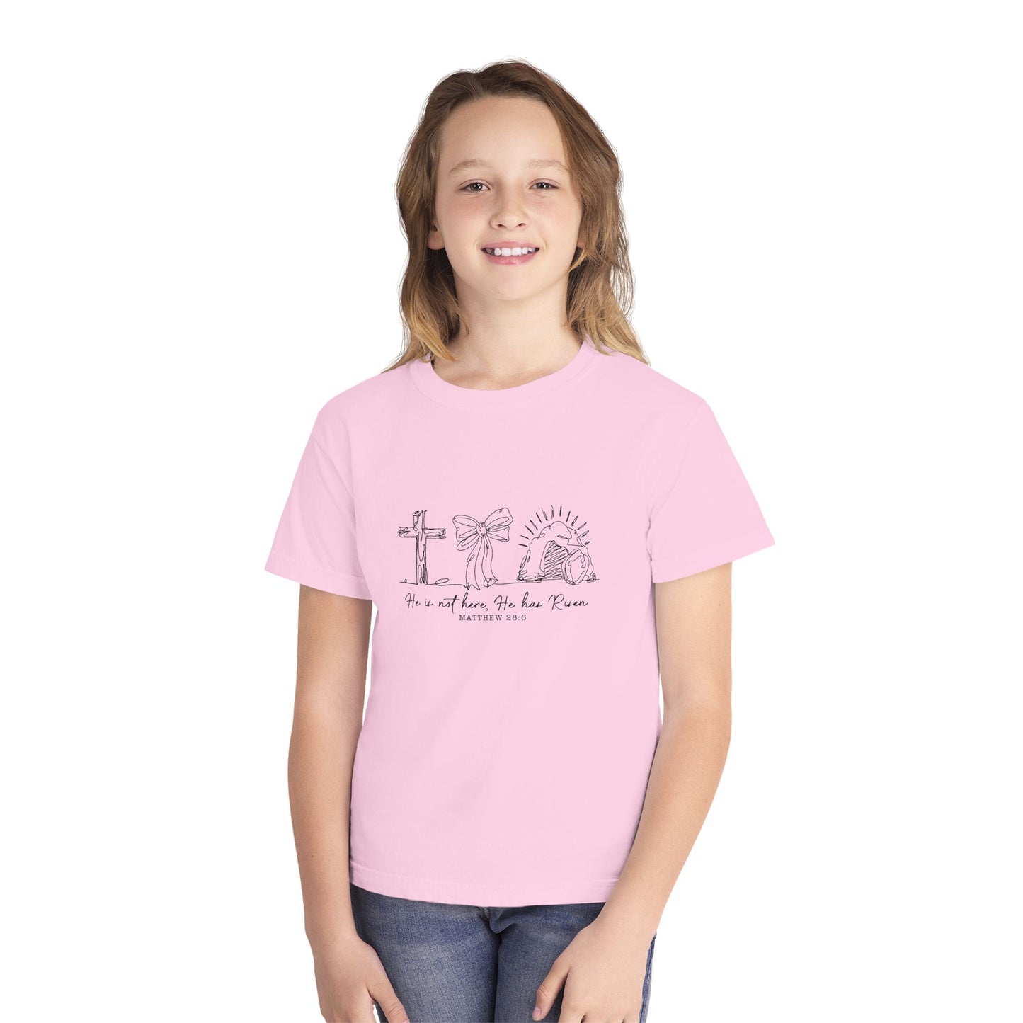 Youth Tee — "He Is Not Here; He Has Risen" Religious Christian Youth Shirt
