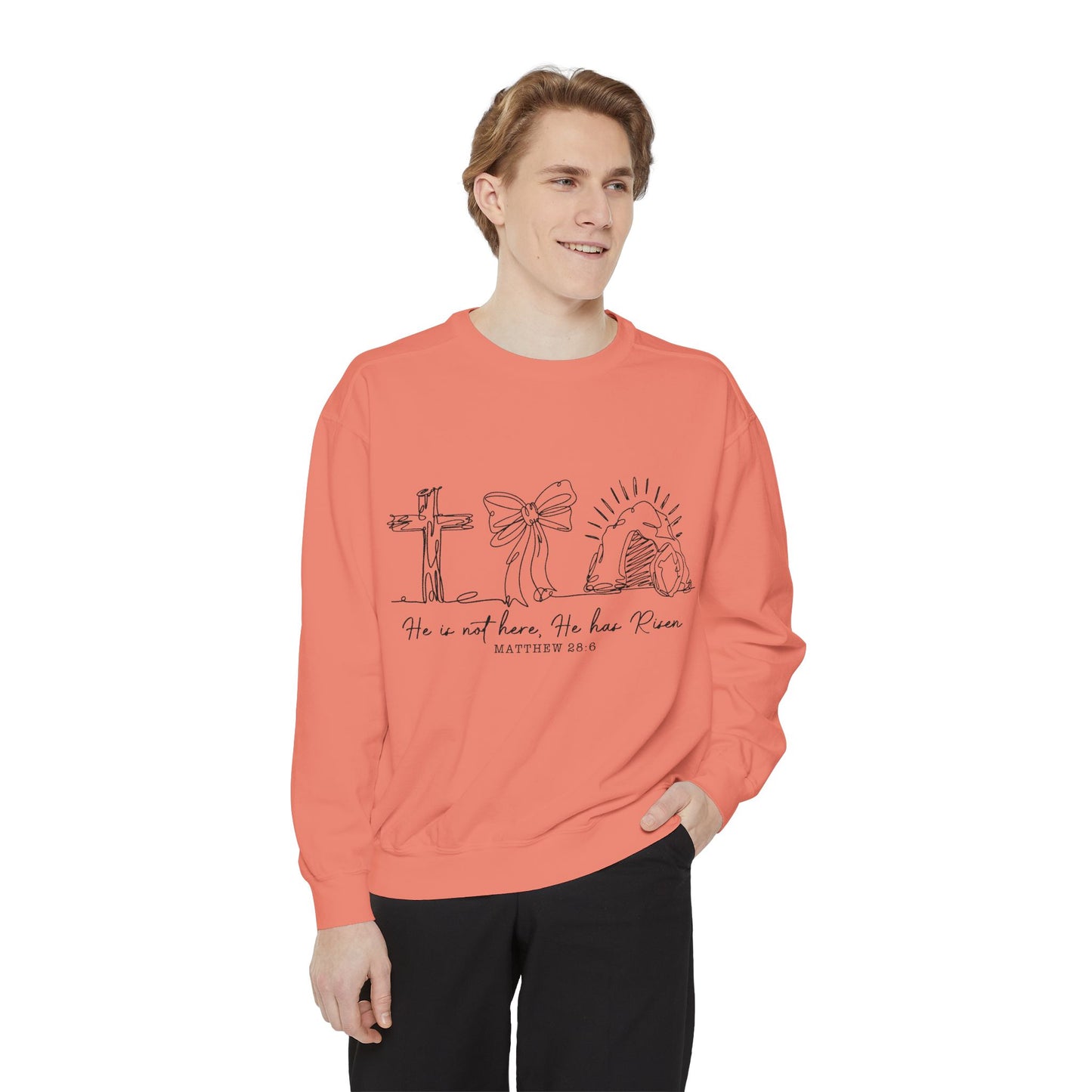 He Is Risen Christian Sweatshirt — Cross, Bow & Empty Tomb Easter Pullover