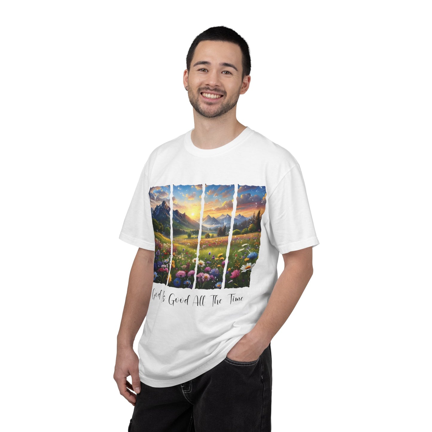God Is Good All The Time T-Shirt — Scenic Mountain Sunrise Faith Tee