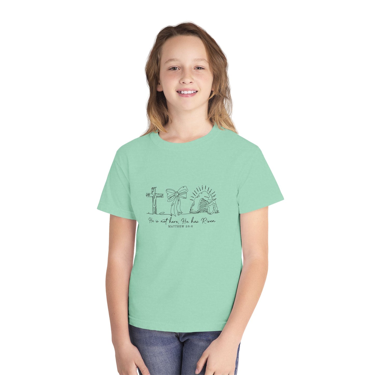 Youth Tee — "He Is Not Here; He Has Risen" Religious Christian Youth Shirt