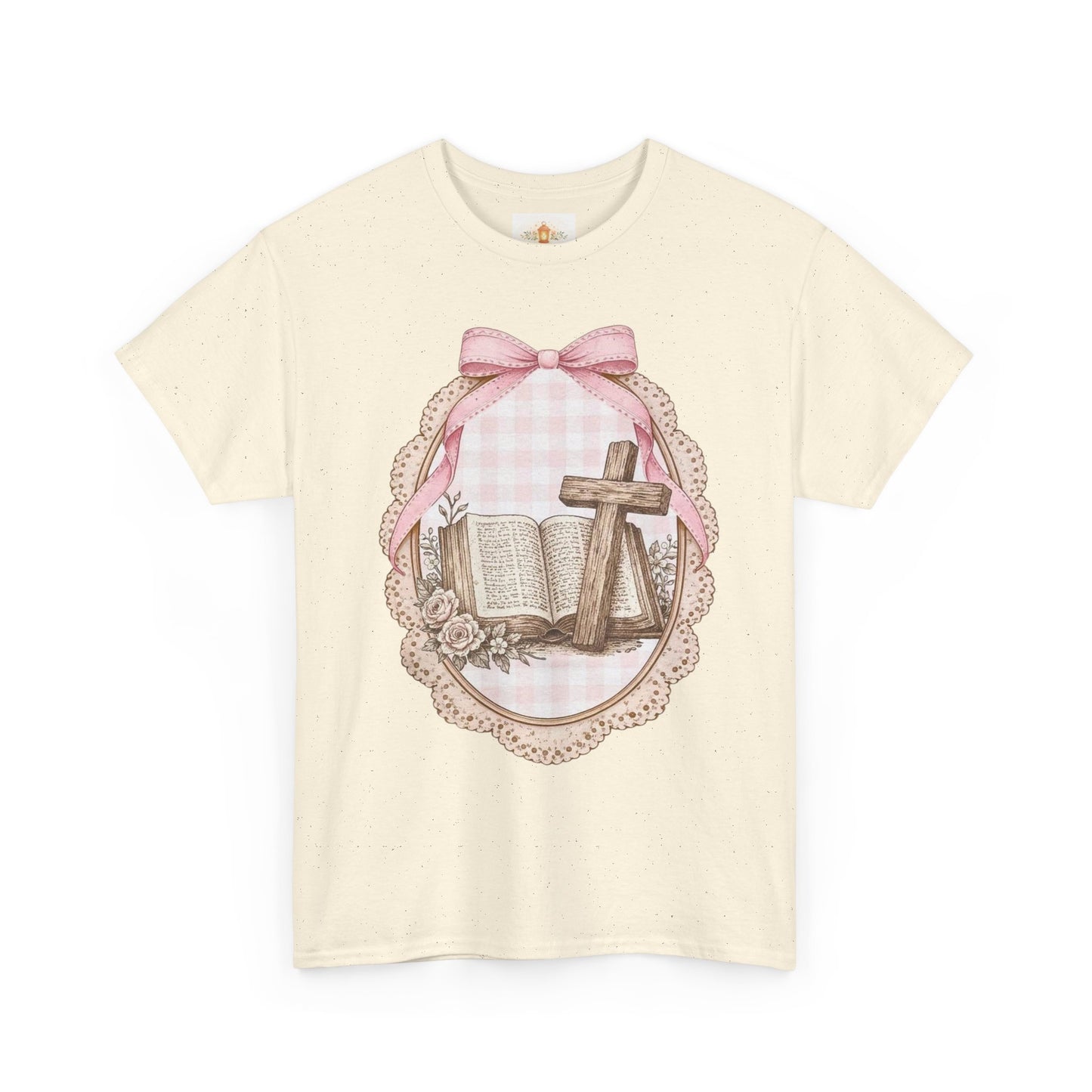 Christian Cross & Bible Tee — Pink Bow Vintage Easter Faith Shirt