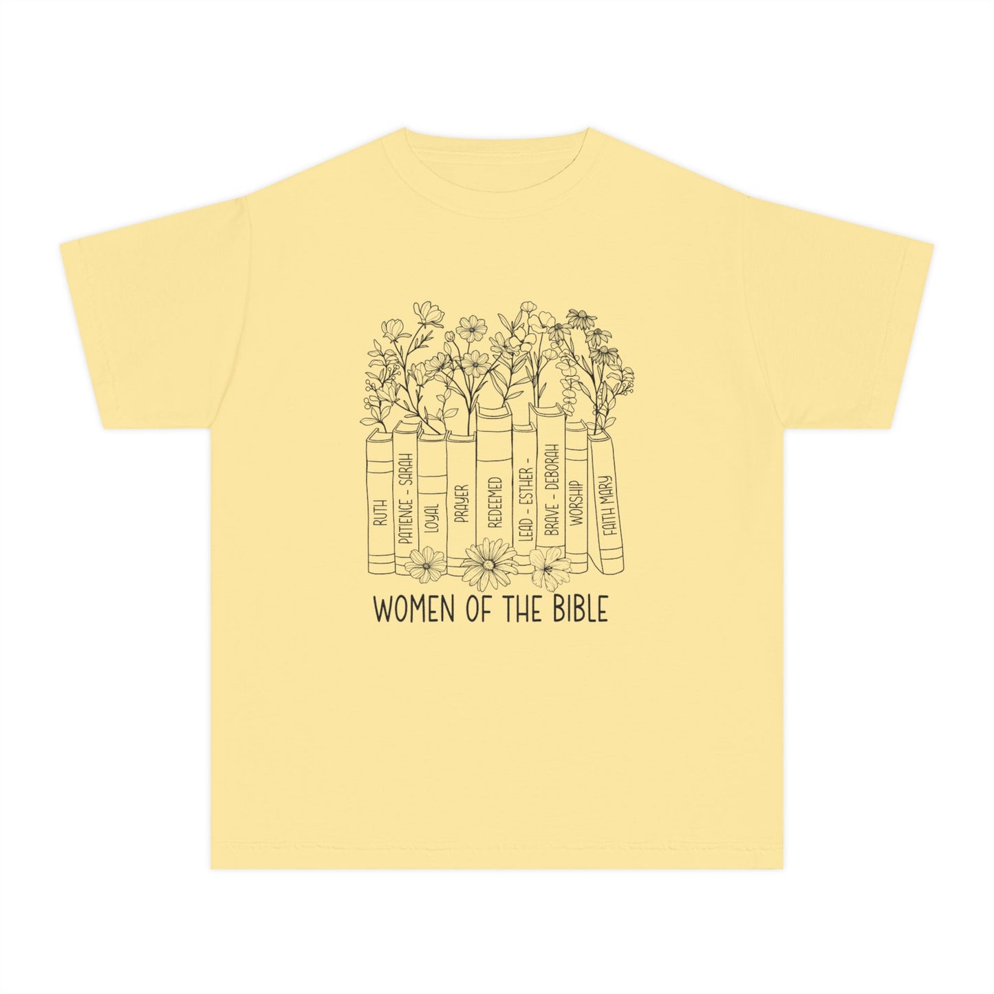 Women of the Bible Youth Tee — Floral Bible Spine Illustration