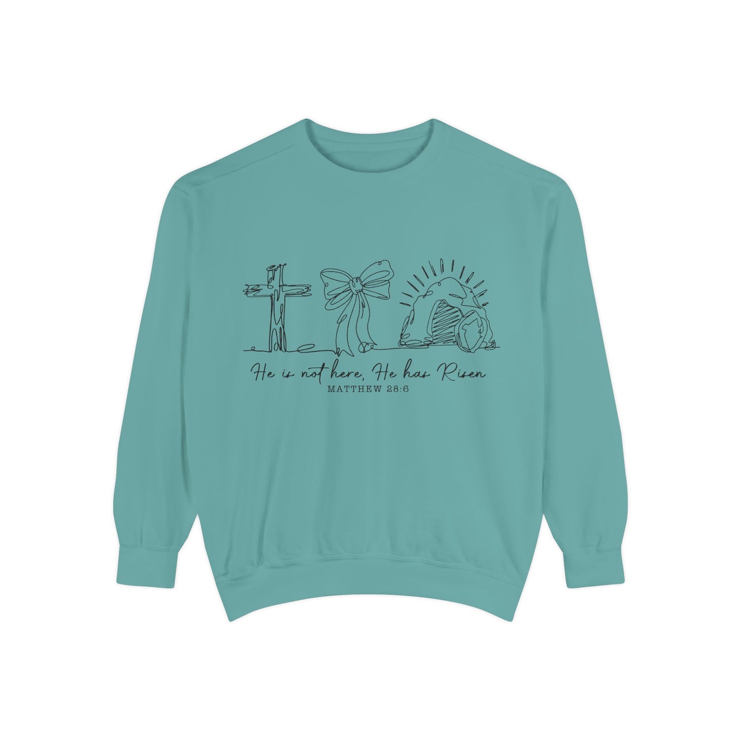 He Is Risen Christian Sweatshirt — Cross, Bow & Empty Tomb Easter Pullover