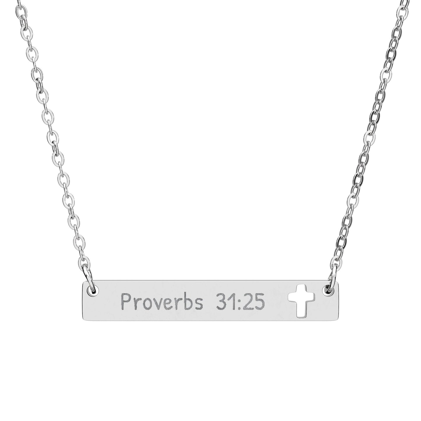 Cutout Cross Bar Necklace — Engraved “Proverbs 31:25” Christian Pendant