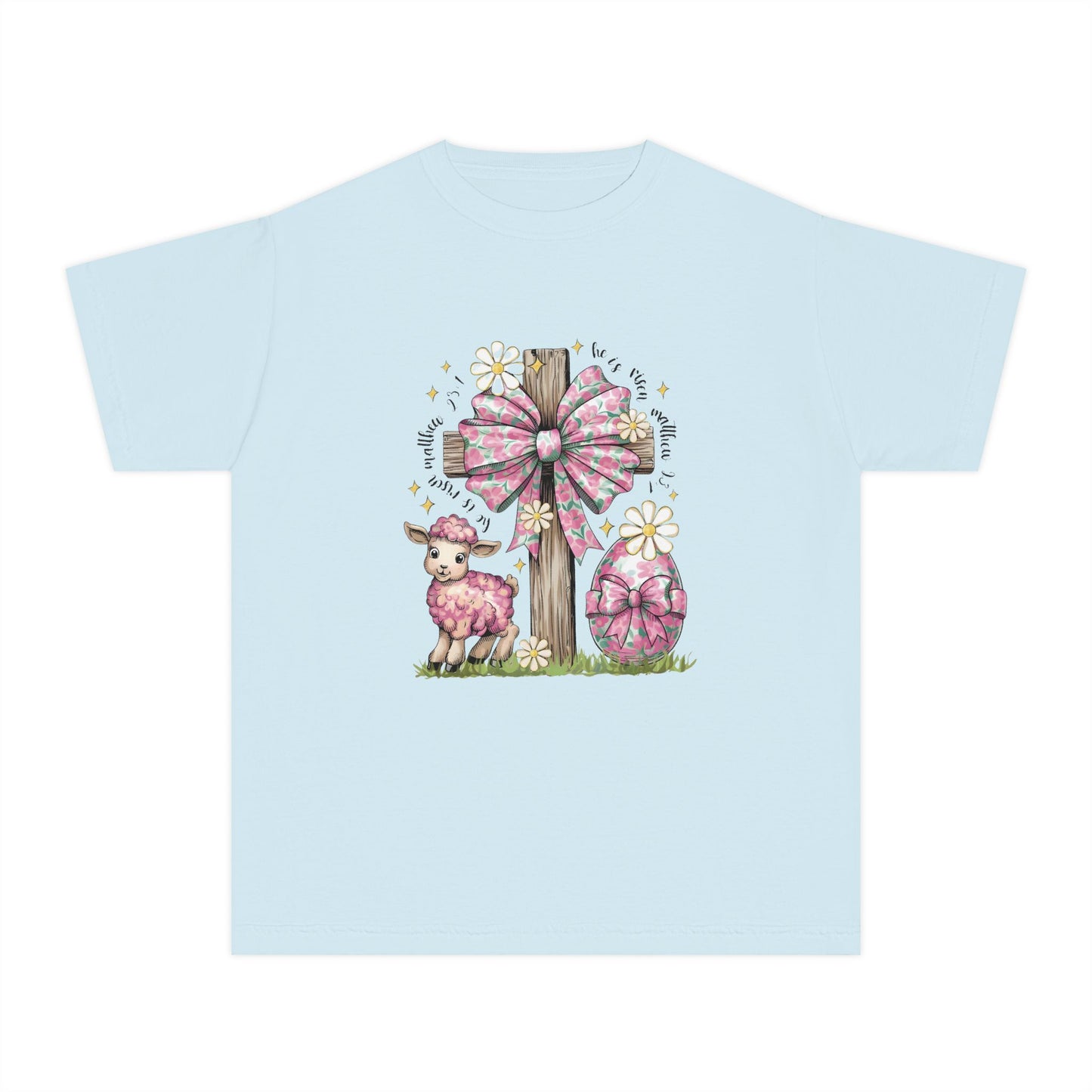 Kids Easter Lamb Tee — Pink Bow Cross & Floral Spring Design