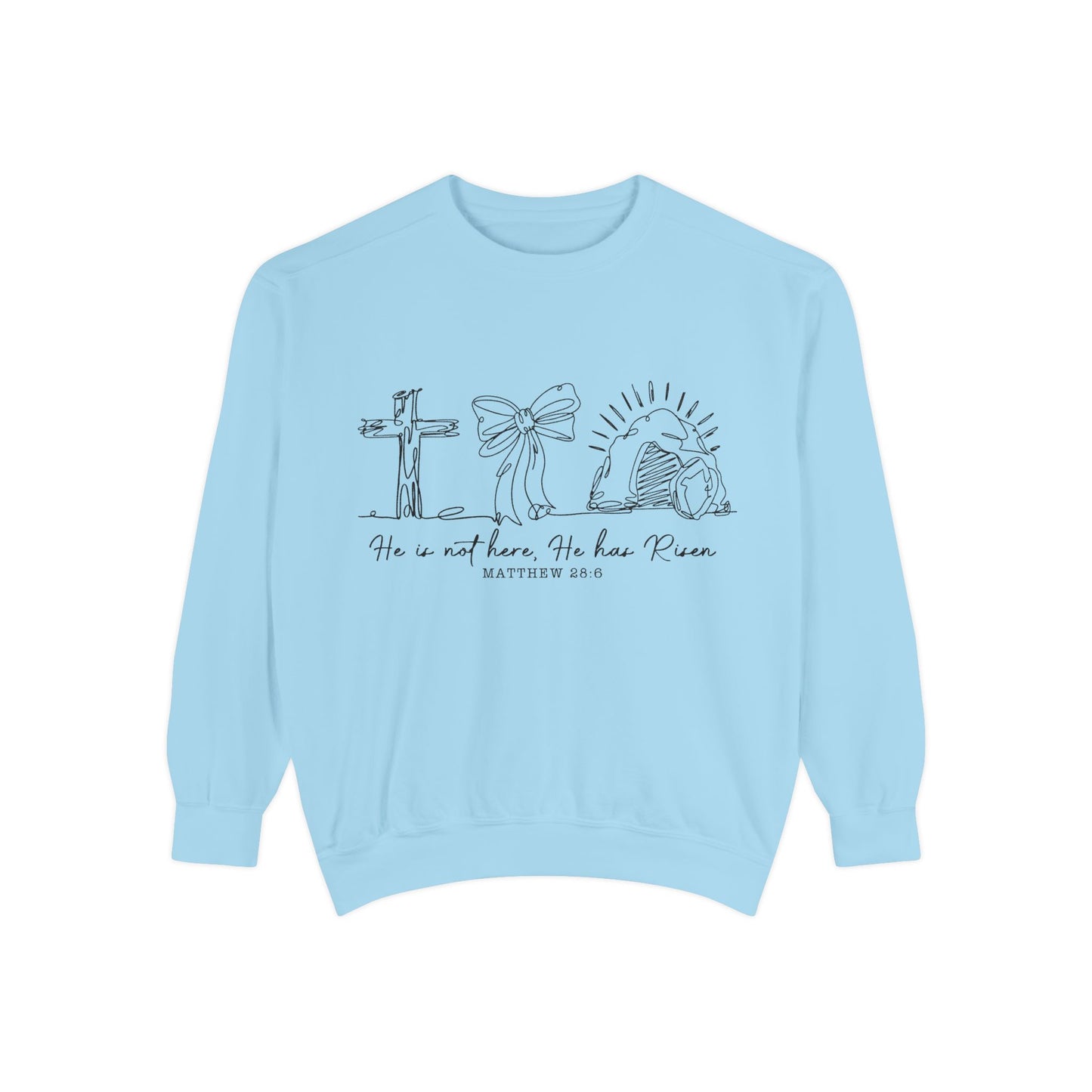He Is Risen Christian Sweatshirt — Cross, Bow & Empty Tomb Easter Pullover