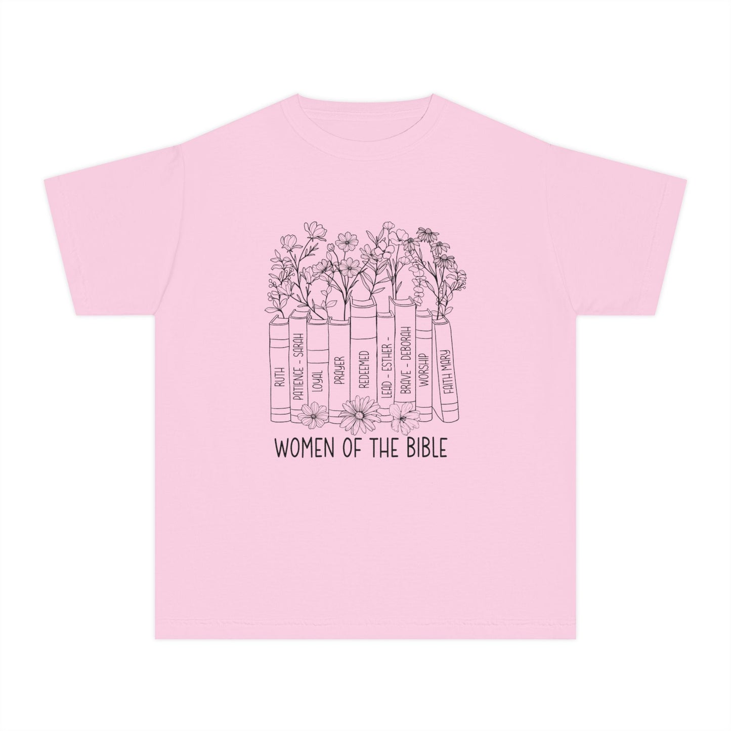 Women of the Bible Youth Tee — Floral Bible Spine Illustration