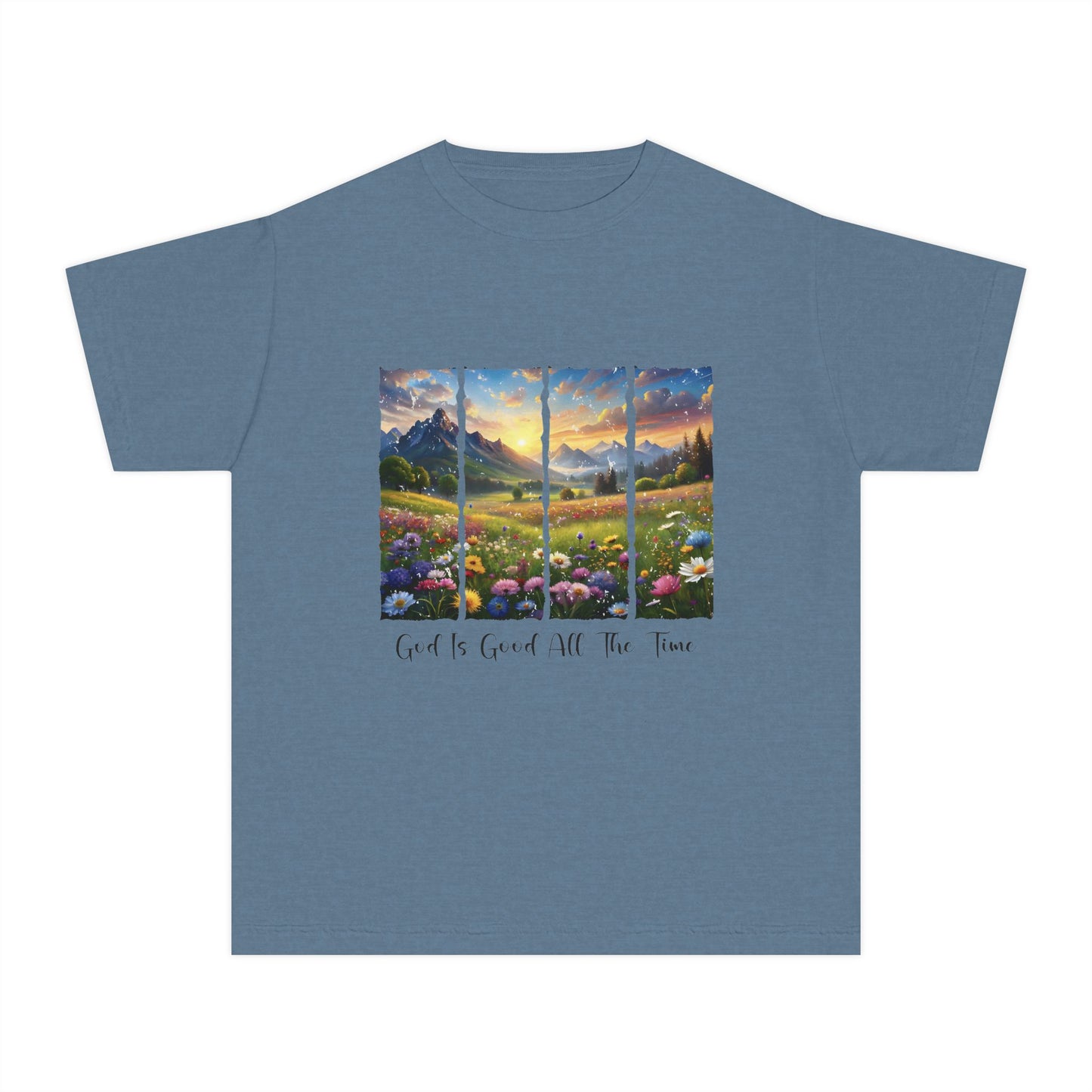 Youth Tee — 'God Is Good All The Time' Sunrise Mountain Floral Christian Shirt