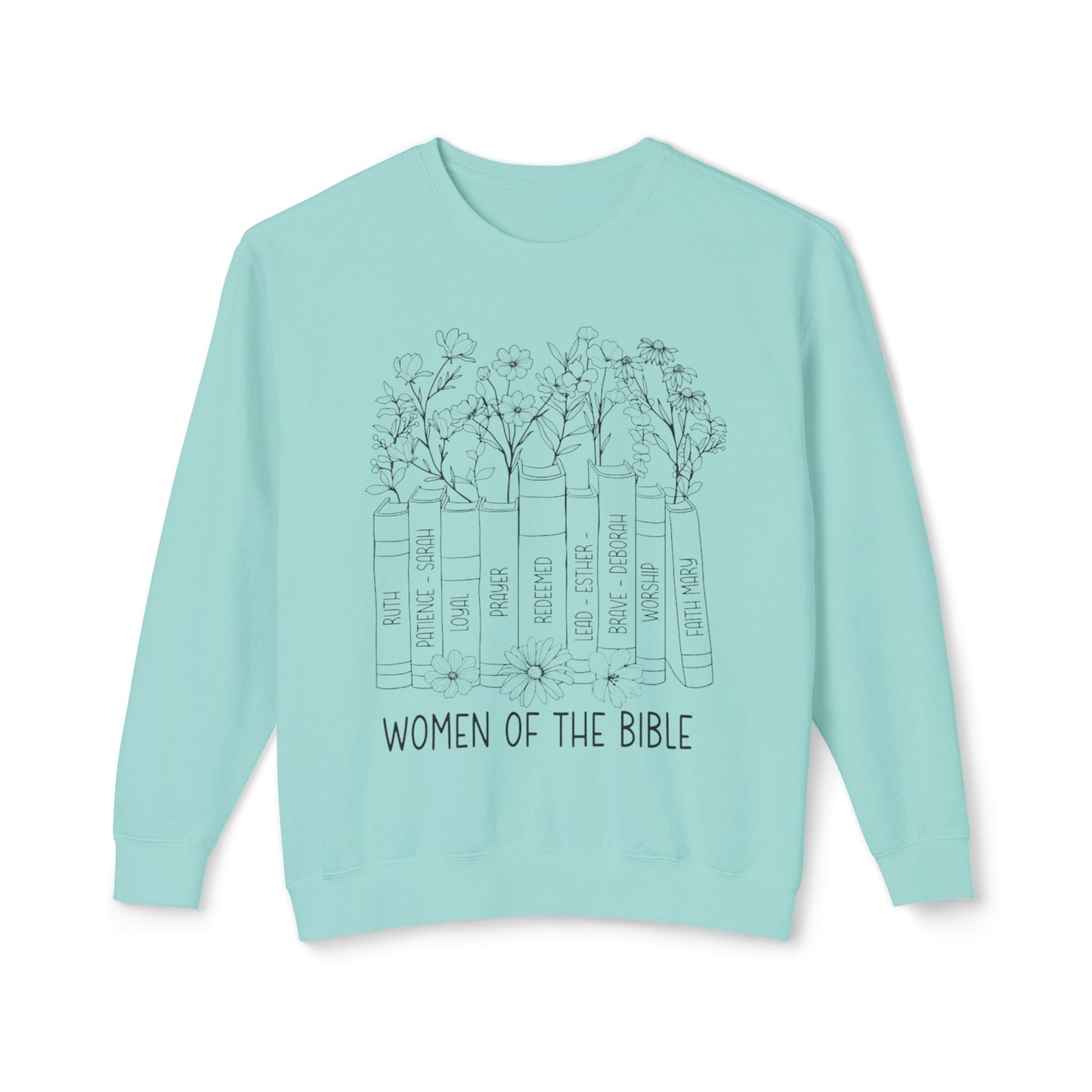 Women of the Bible Crewneck Sweatshirt — Floral Bible Spine Design
