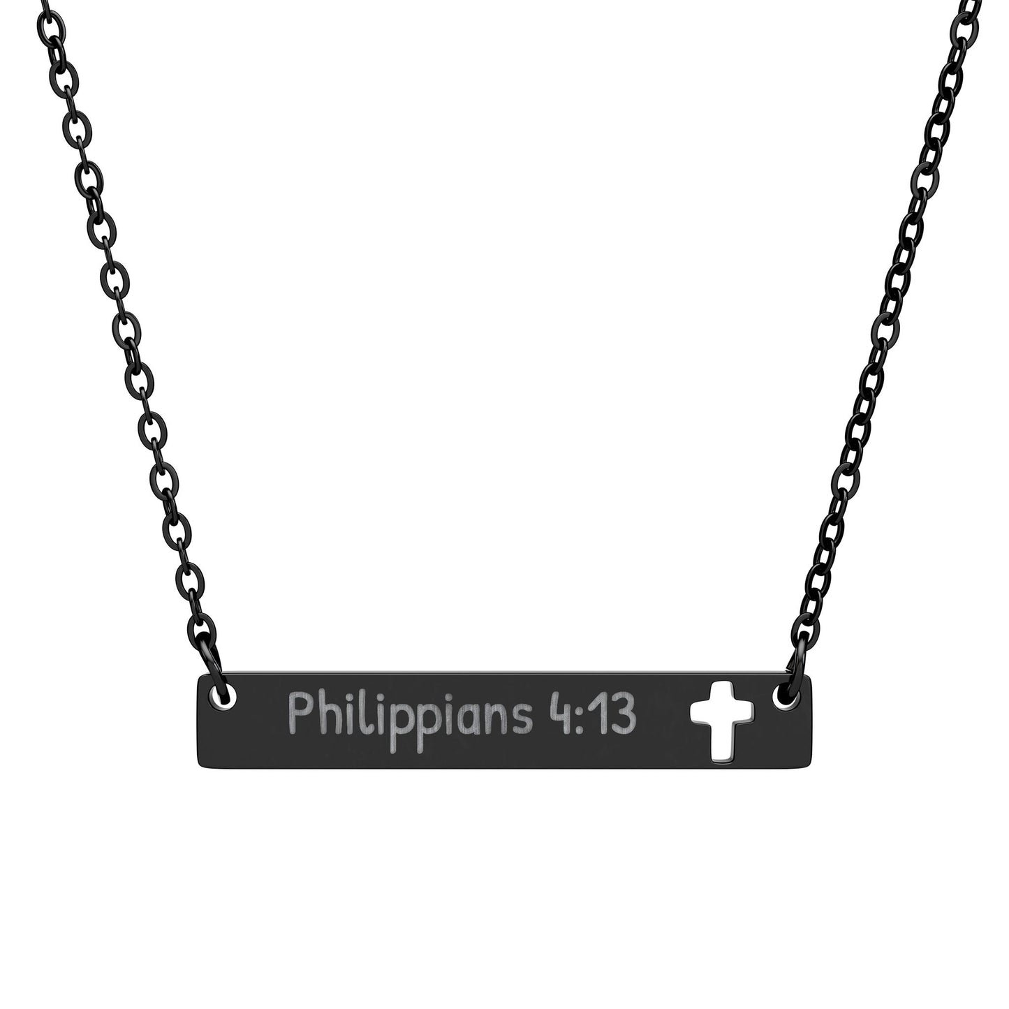 Philippians 4:13 Cutout Cross Bar Necklace — Engraved Inspirational Christian Jewelry