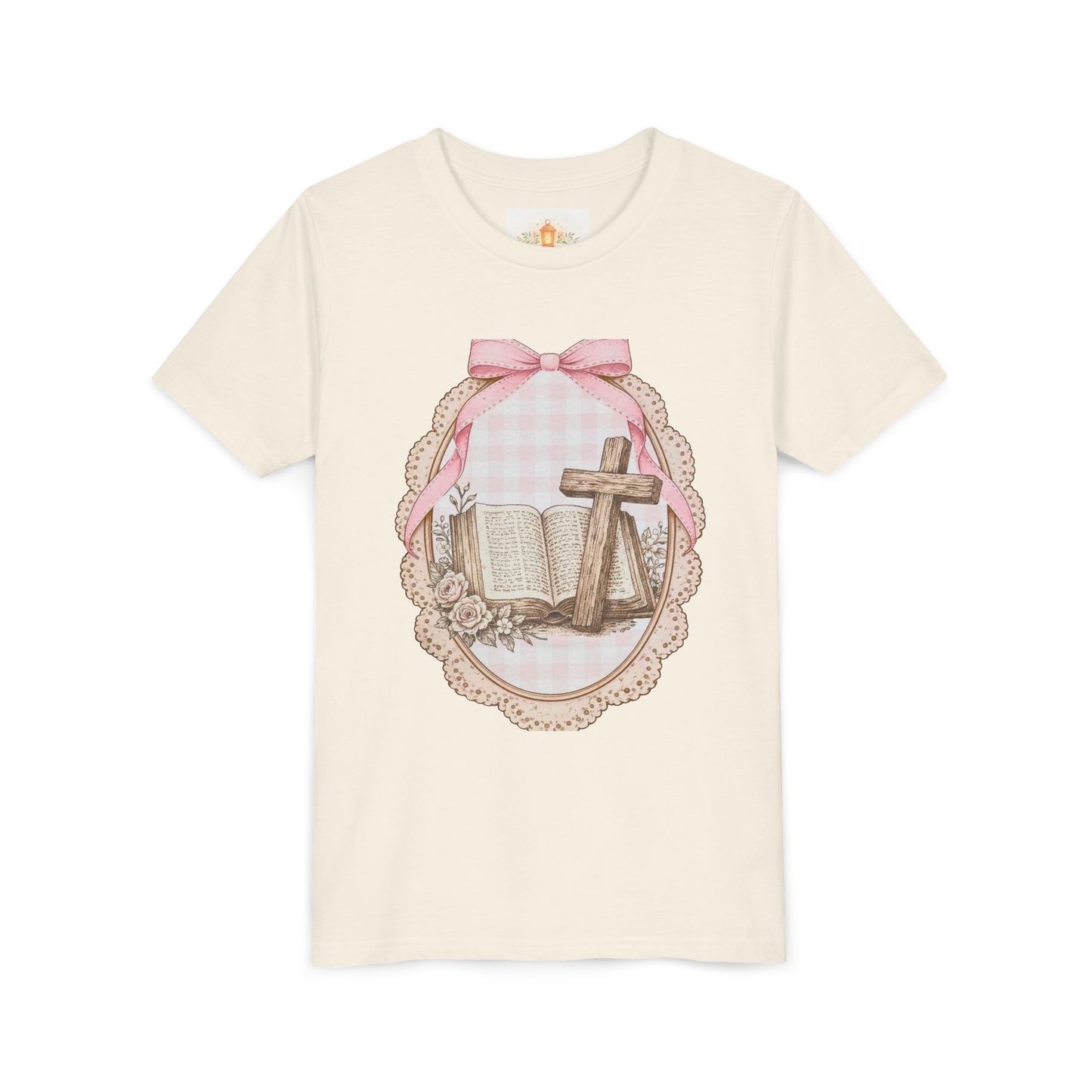 Youth Tee — Pink Floral Bible & Cross Design (Easter/Christian Kids)