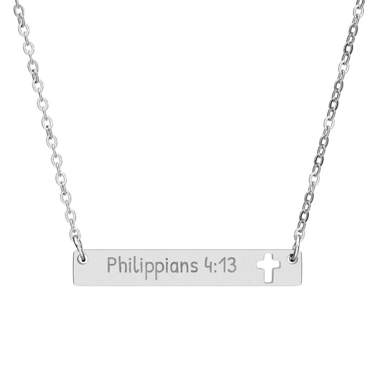 Philippians 4:13 Cutout Cross Bar Necklace — Engraved Inspirational Christian Jewelry