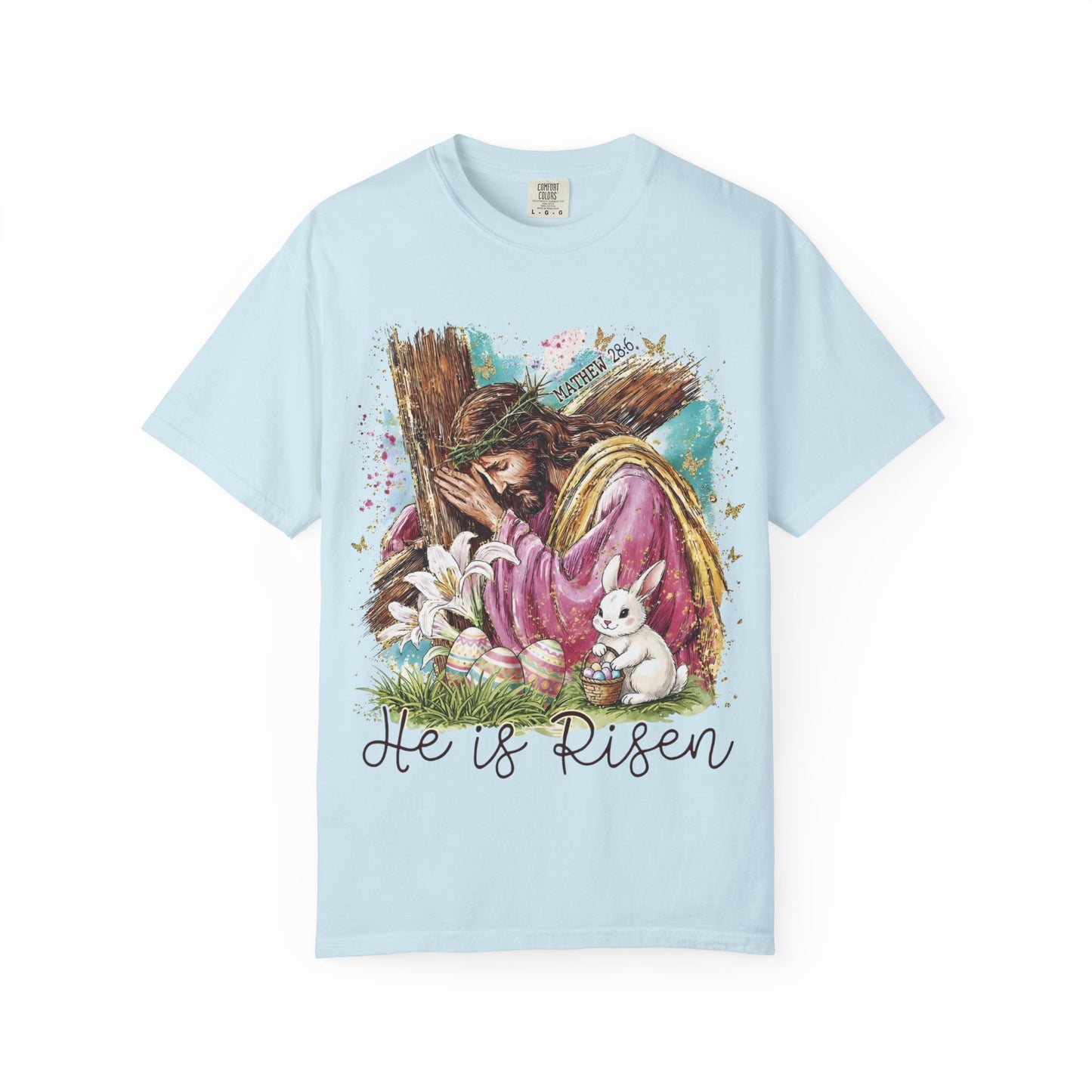 He Is Risen Easter T-Shirt — Christian Resurrection Tee with Jesus, Lilies & Bunny