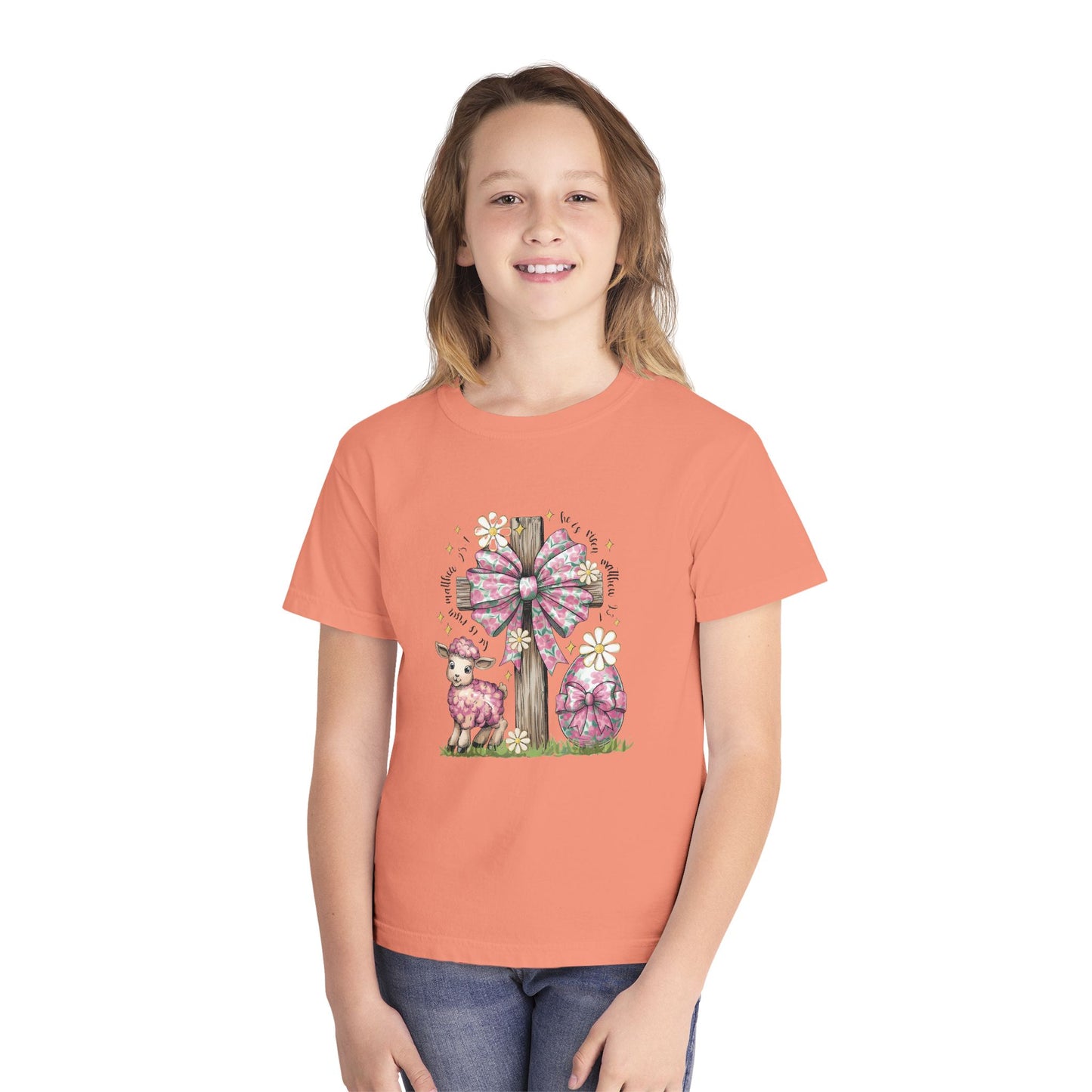 Kids Easter Lamb Tee — Pink Bow Cross & Floral Spring Design