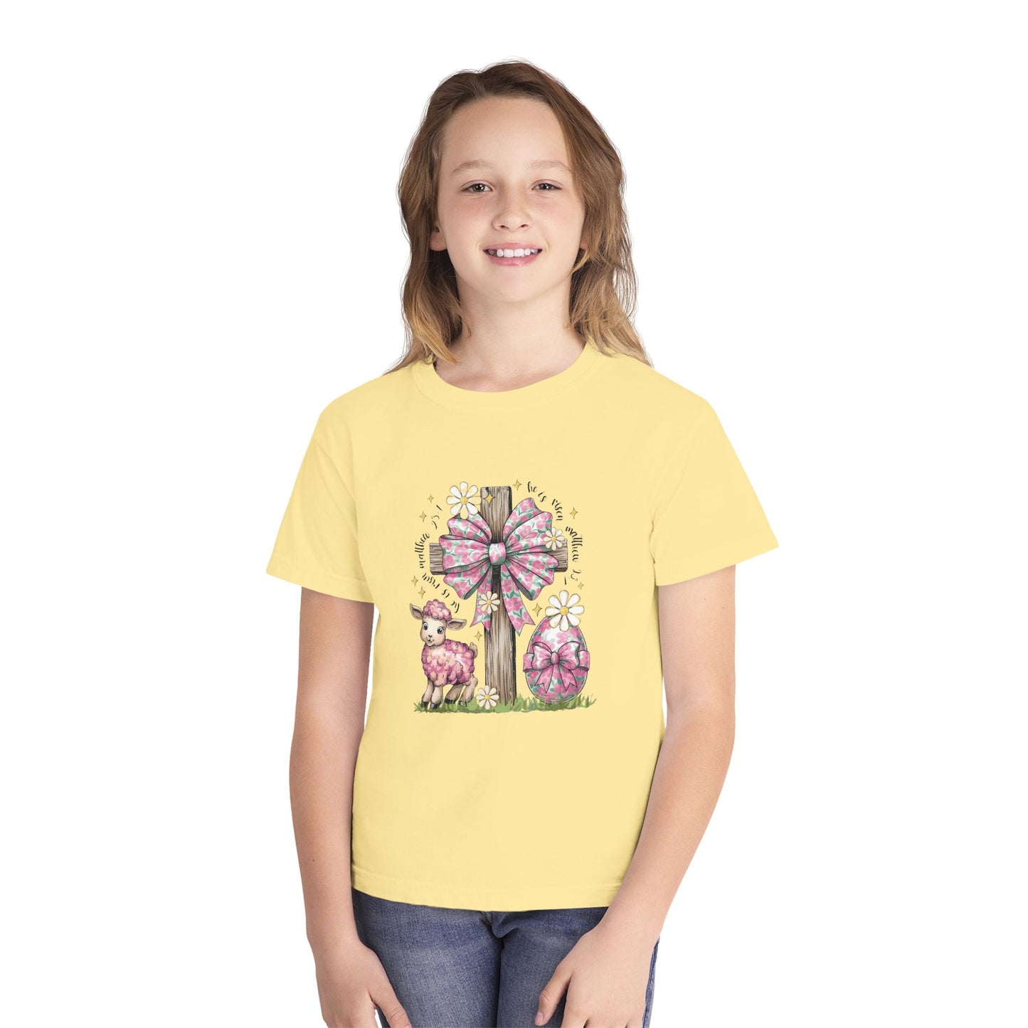 Kids Easter Lamb Tee — Pink Bow Cross & Floral Spring Design