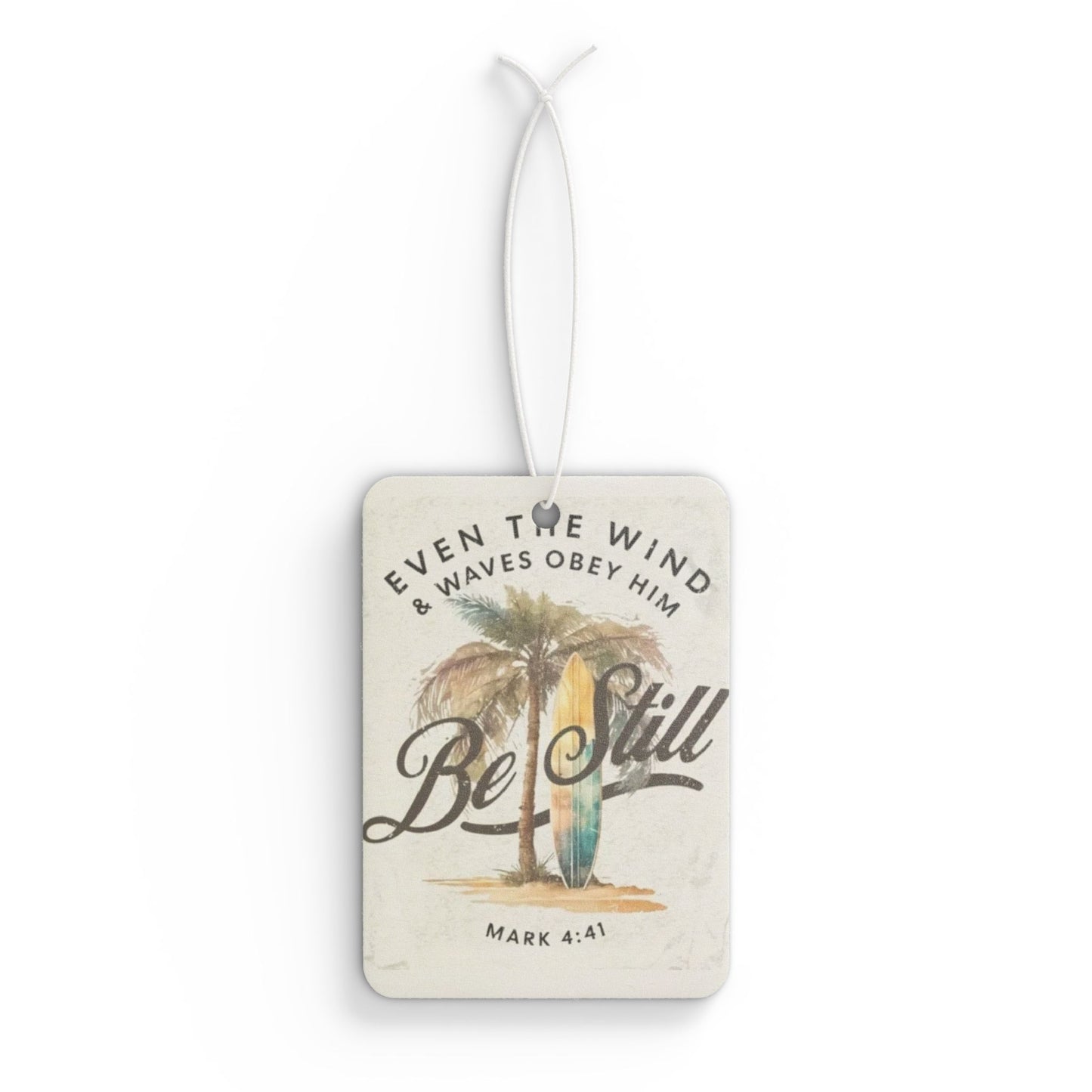 Be Still Car Air Freshener — Mark 4:41 Surfboard & Palm Tree Christian Scent