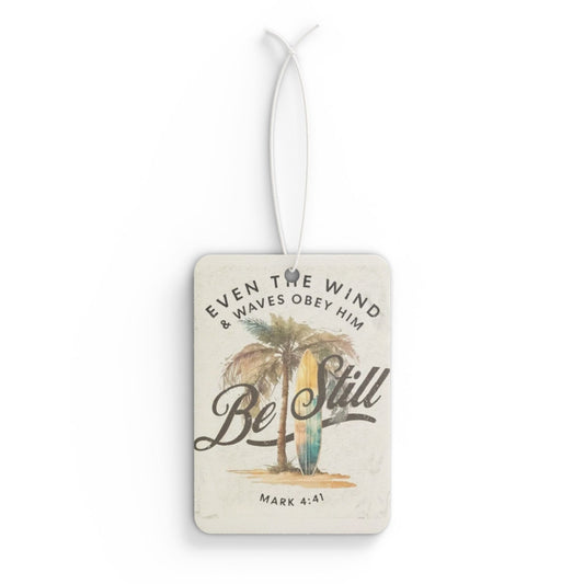 Be Still Car Air Freshener — Mark 4:41 Surfboard & Palm Tree Christian Scent