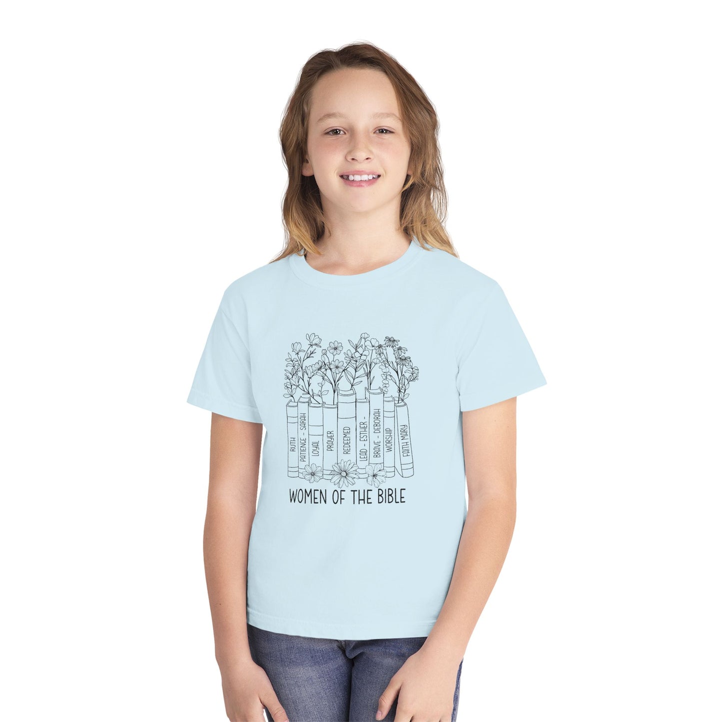 Women of the Bible Youth Tee — Floral Bible Spine Illustration