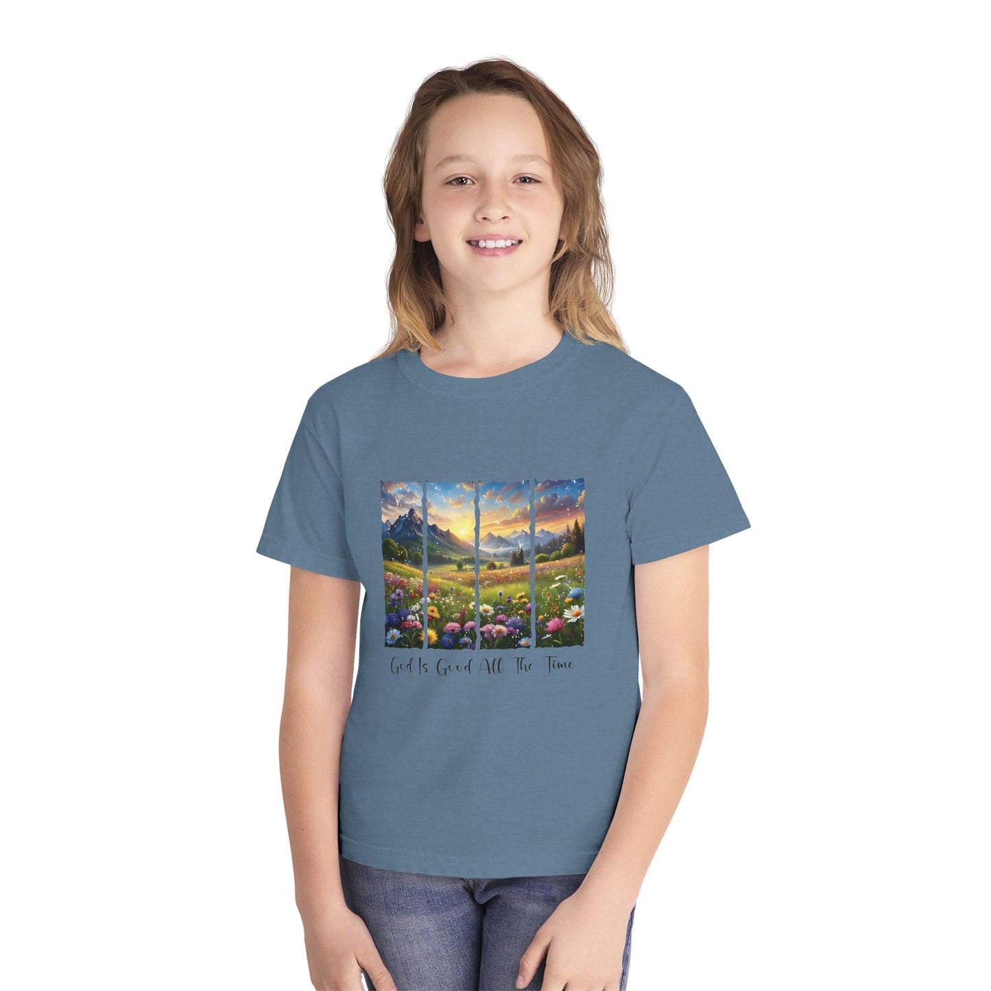 Youth Tee — 'God Is Good All The Time' Sunrise Mountain Floral Christian Shirt